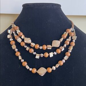VINTAGE HANDMADE BIB CHOKER NECKLACE Mixed Media Wood Shell 3-Strand Statement